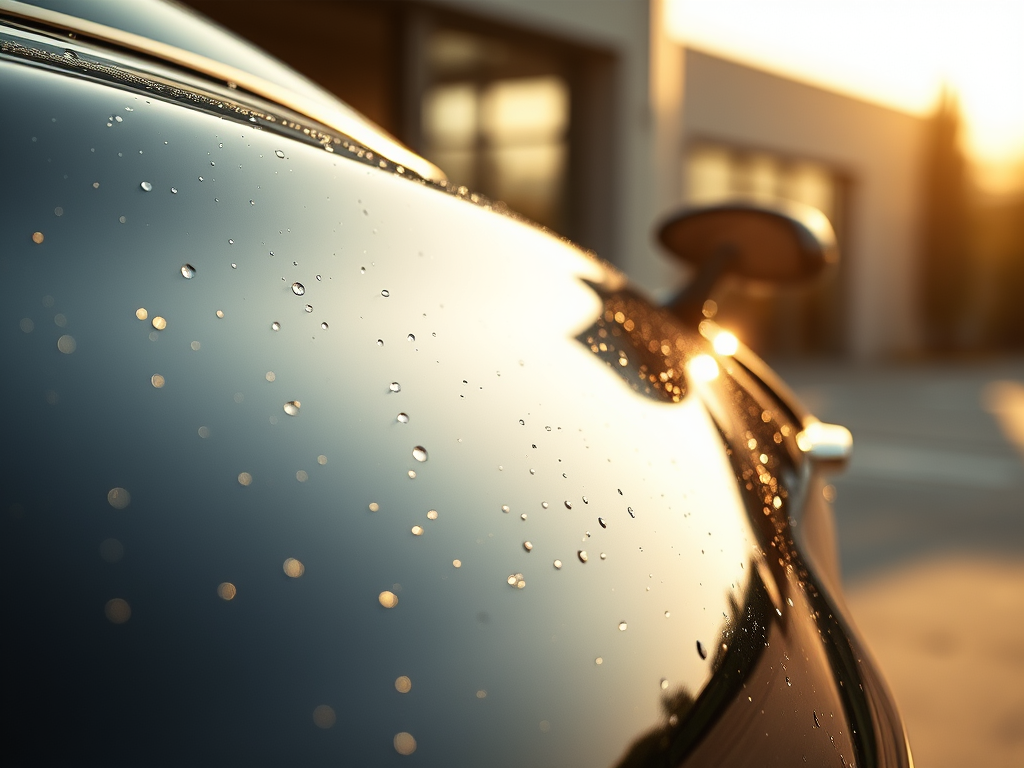 Close-up of a sleek, polished car surface with water beading, showcasing expert ceramic coating by Dennis Auto Details. Premium paint protection for a flawless shine