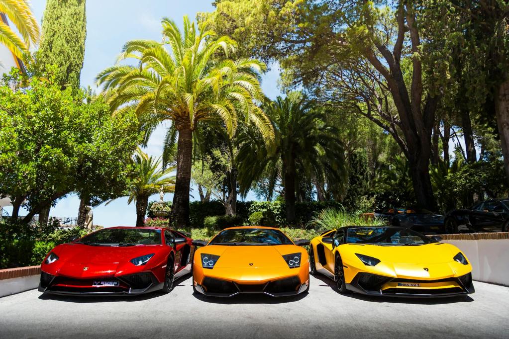 luxurious lamborghinis amid tropical backdrop - mobile porsche car detailing in San Diego