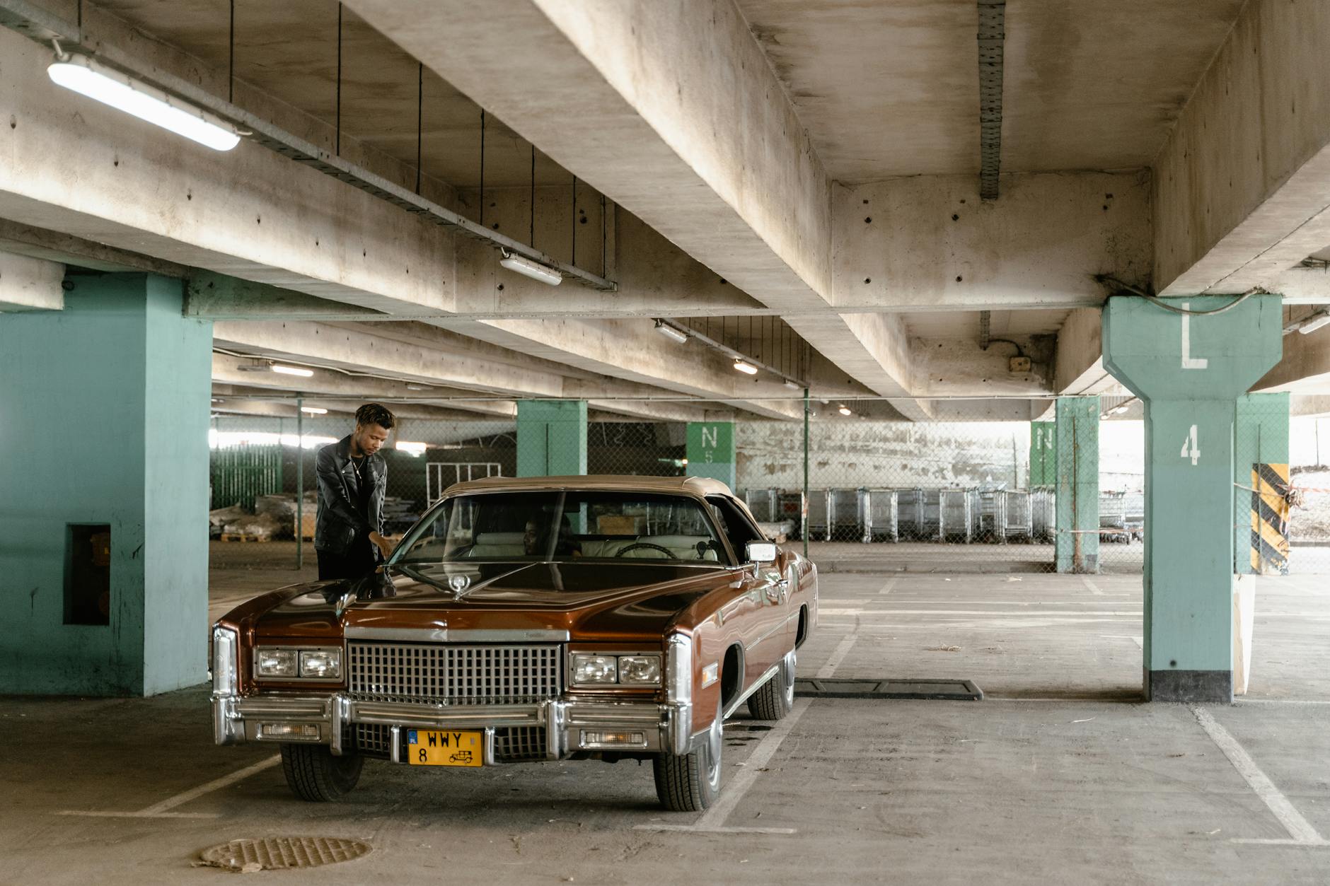 a man standing beside the brown car