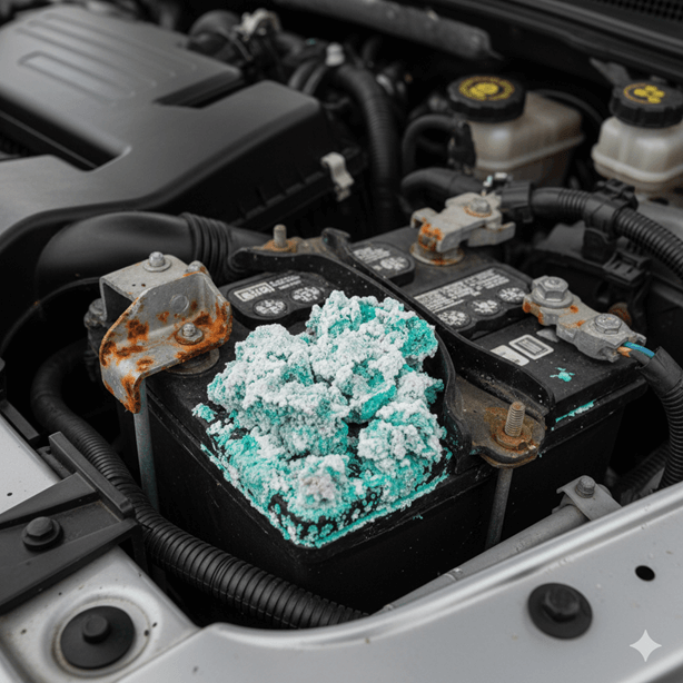 What Corrosion Looks Like: White, green, or orange crusty deposits on metal parts. 