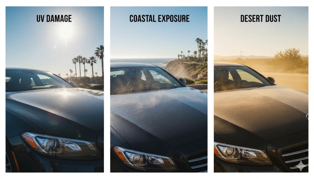Collage showing San Diego's environmental challenges for ceramic coating