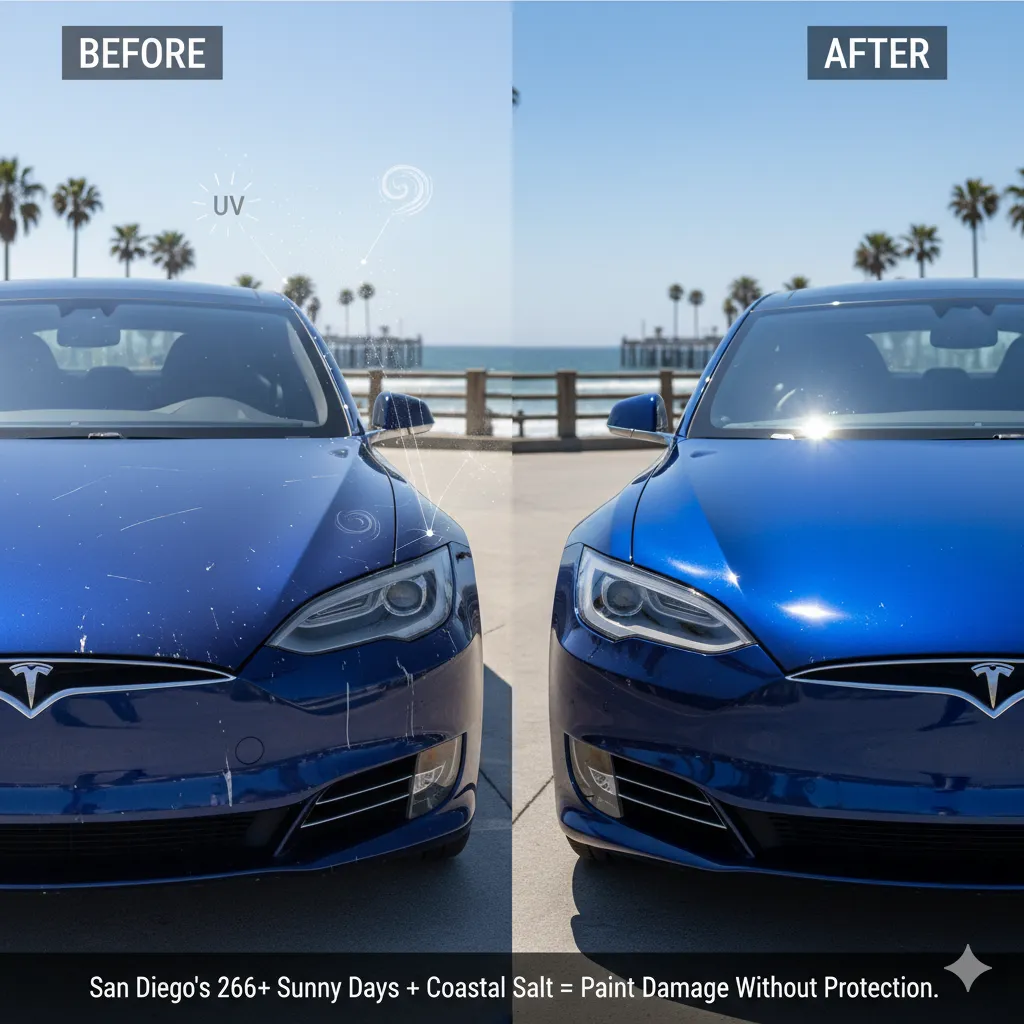 Demonstrates the specific San Diego climate challenges that make ceramic coating a necessity rather than luxury