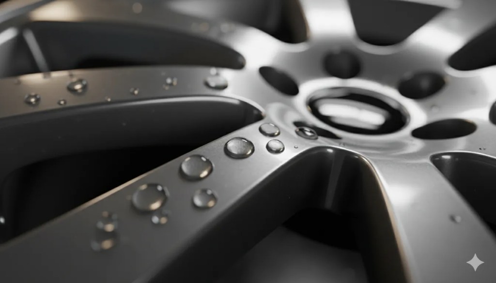 Extreme close-up of water beads perfectly spherical on ceramic coated wheel surface