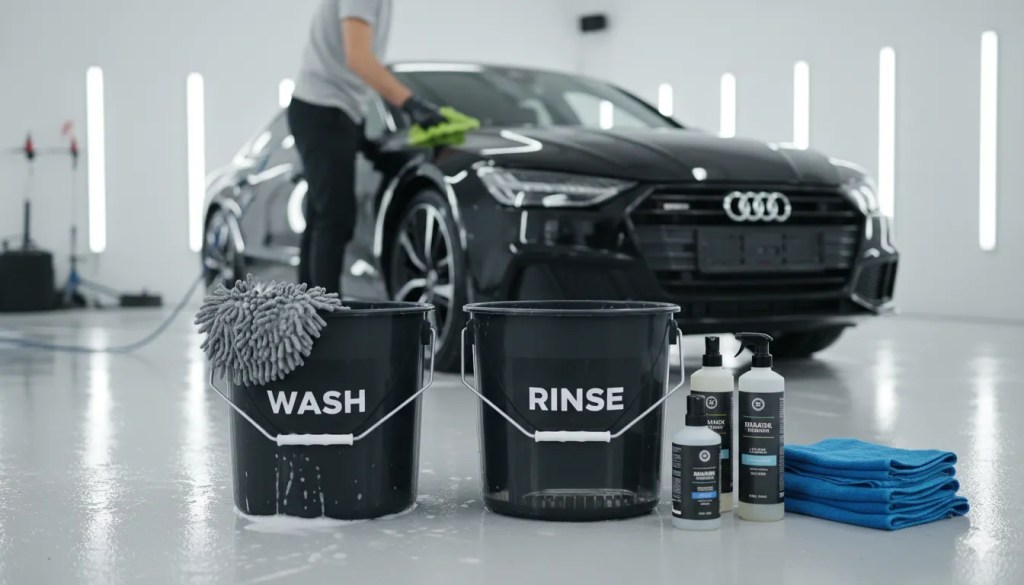 Professional car detailing setup showing the correct two-bucket wash method for ceramic-coated vehicles