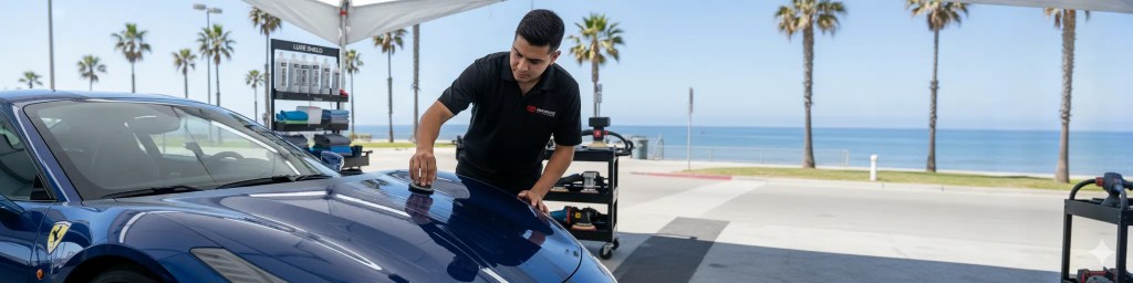 Professional ceramic coating application on luxury vehicle by Dennis Auto Details certified installer in San Diego