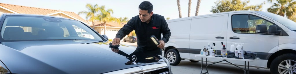Professional technician applying ceramic coating to luxury car hood in driveway setting