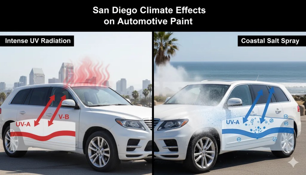 San Diego climate effects on ceramic coating - UV exposure and coastal salt spray impact visualization