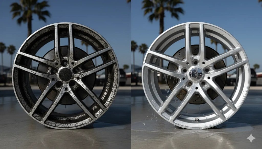 Split-screen comparison showing dirty vs ceramic coated wheels.
