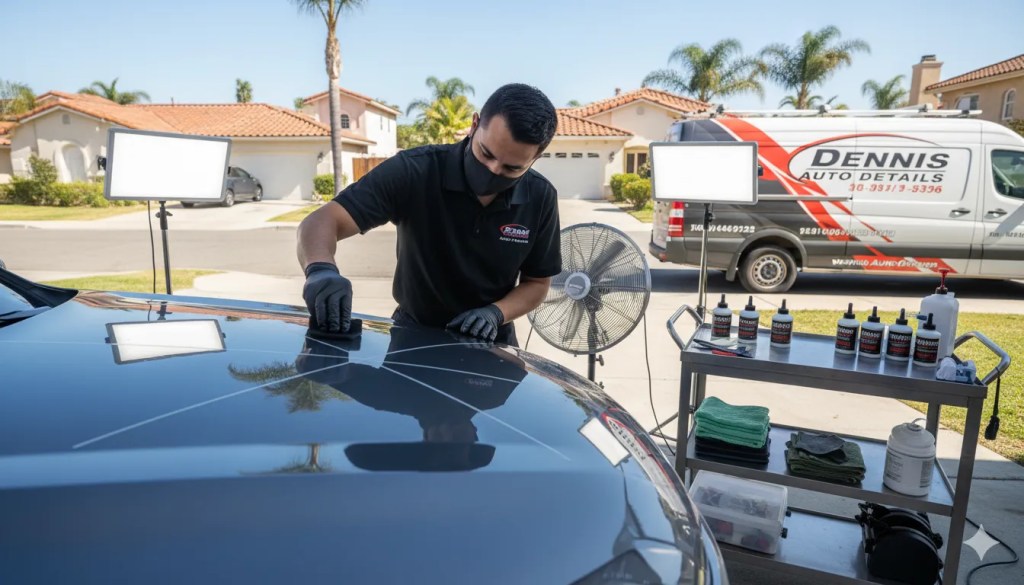 Wide shot of mobile ceramic coating setup with technician applying coating in crosshatch pattern