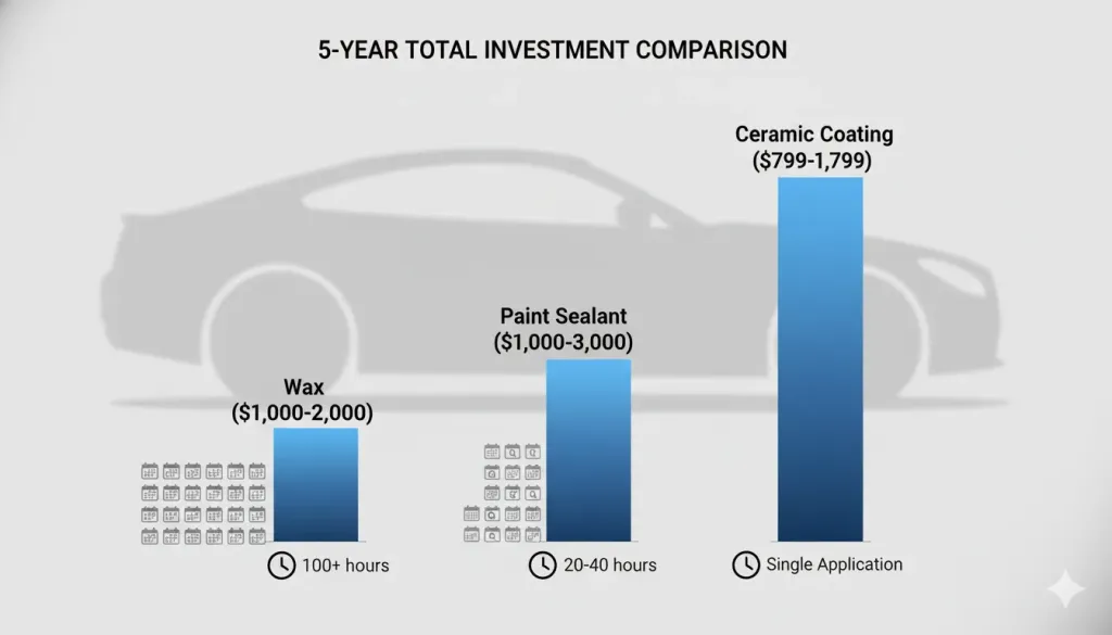 5-year cost comparison chart showing wax, paint sealant, and ceramic coating total investment and reapplication frequency