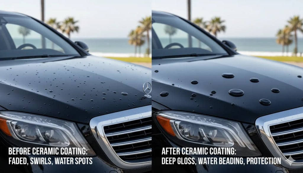 Before and after ceramic coating results on Mercedes luxury vehicle
