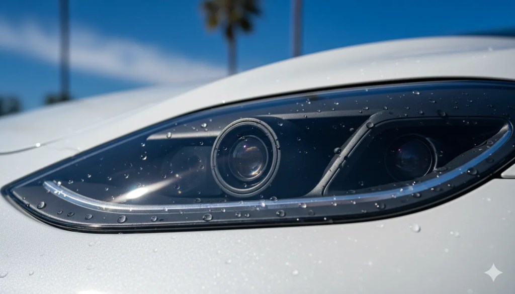 Close-up macro photography of Tesla's advanced sensor array (cameras, ultrasonic sensors) after professional ceramic coating application