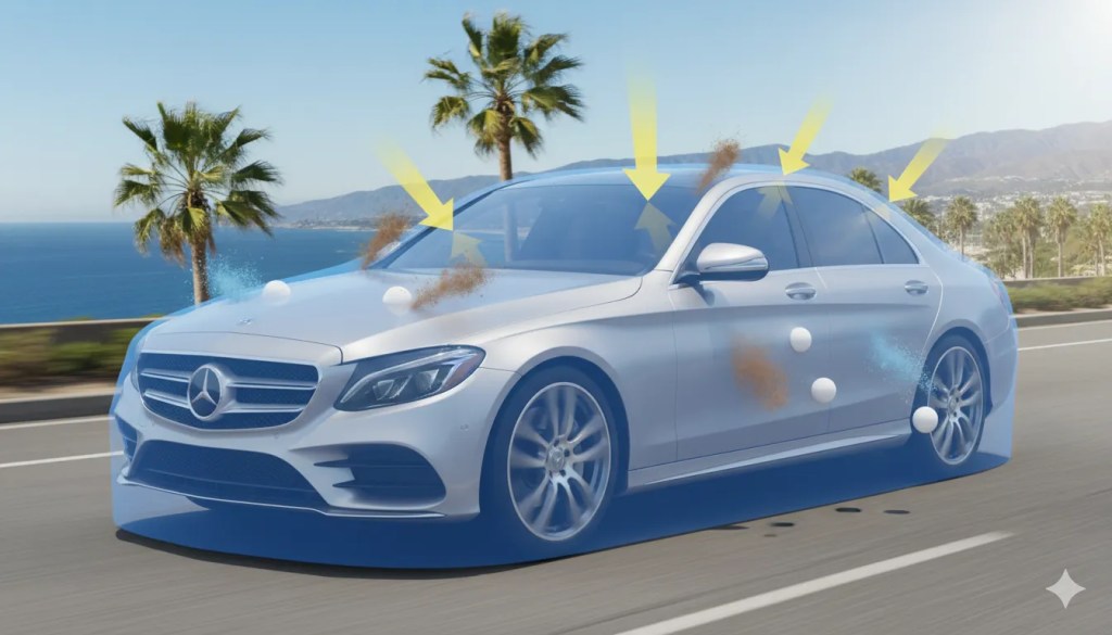 Illustration showing ceramic coating protecting luxury vehicle from San Diego's coastal salt, UV rays, and environmental contaminants