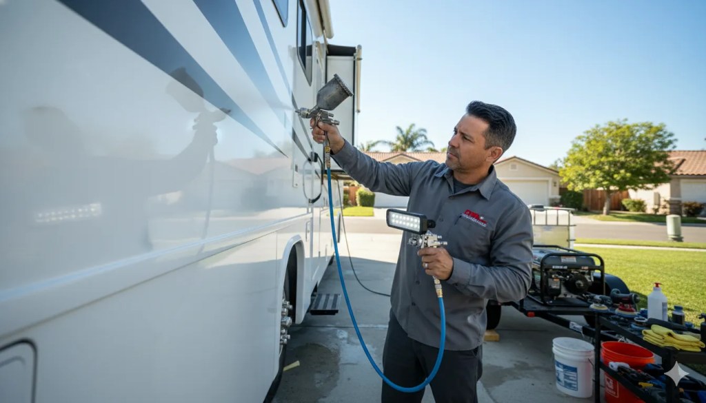 Professional detailer in Dennis Auto Details uniform applying ceramic coating to the side panel of a large white RV motorhome