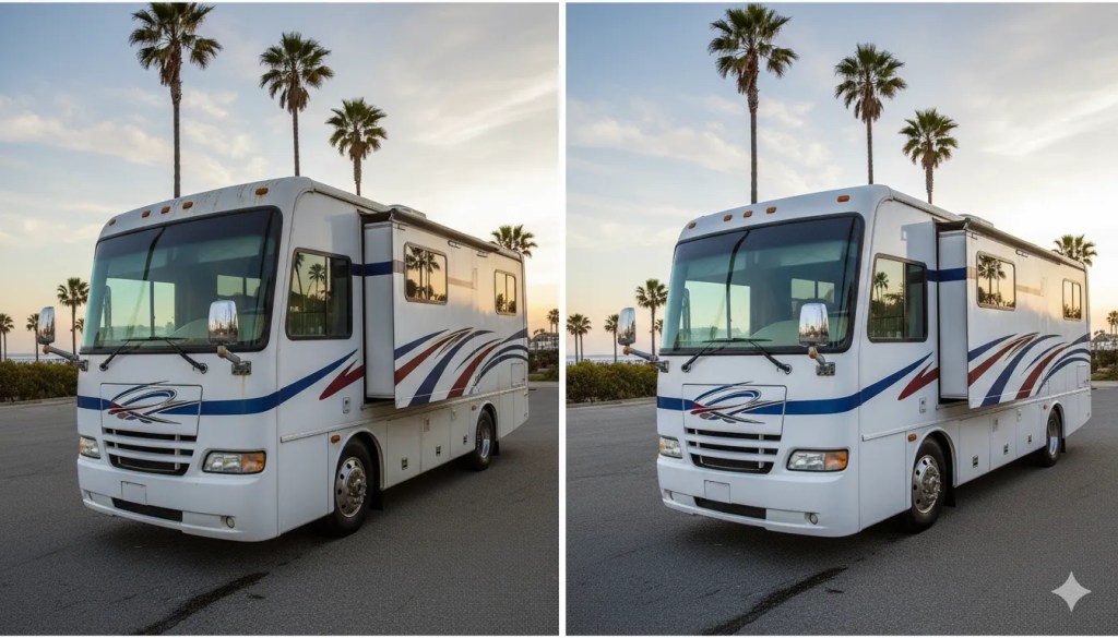 Split-screen comparison of a large Class A motorhome