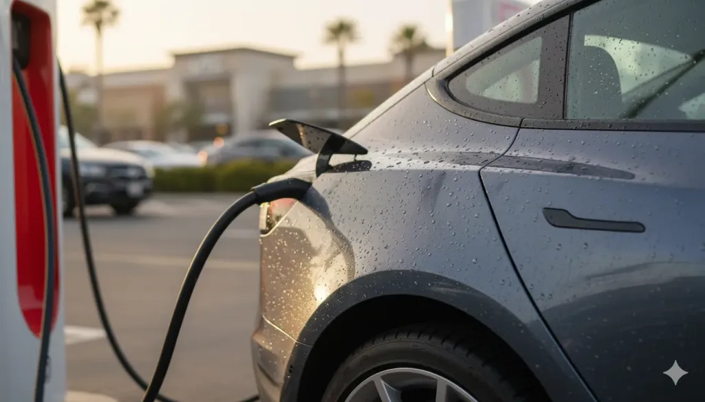 Tesla Model 3 in Midnight Silver Metallic charging at a busy San Diego Supercharger station