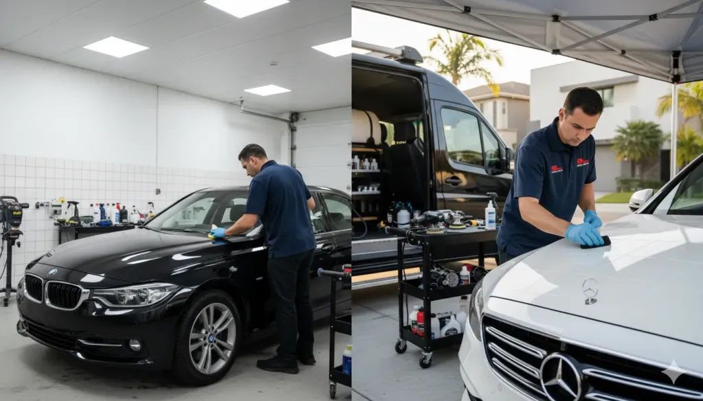 split-screen comparison image of traditional ceramic coating shop versus mobile ceramic coating service