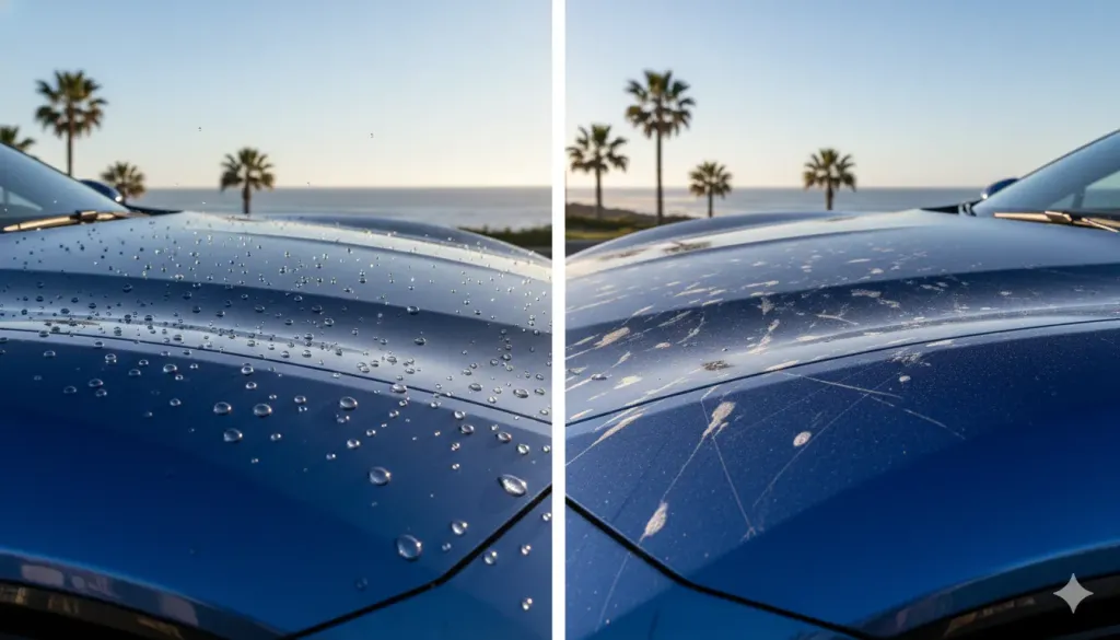 two luxury car hoods, one ceramic coated and one unprotected