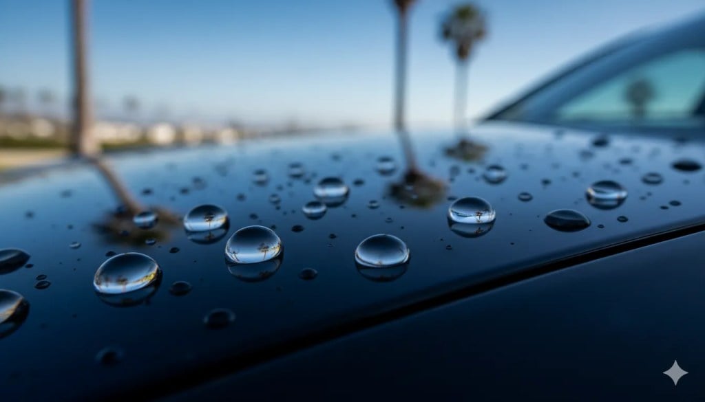 water droplets beading on a glossy black ceramic-coated car hood