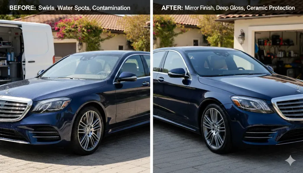Before and after comparison showing dramatic results from professional mobile detailing vs basic car wash