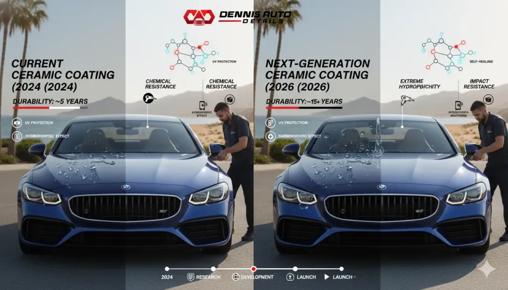 Comparison of next-generation ceramic coating technology versus traditional formulations showing enhanced features and longevity