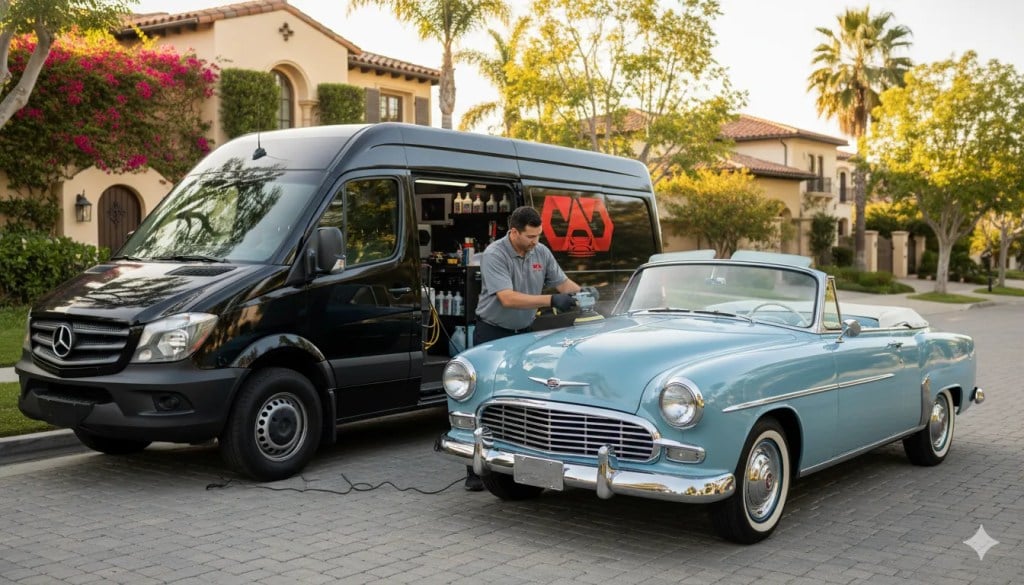 Dennis Auto Details mobile service van parked next to an elegant classic car in upscale San Diego neighborhood
