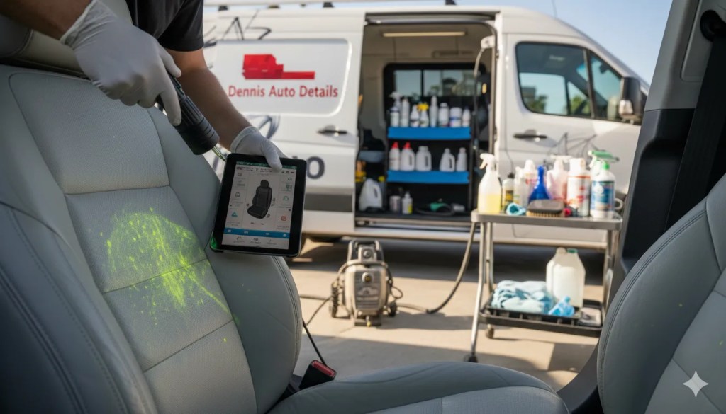 Professional auto detailer examining car seat stains with diagnostic tools (2)