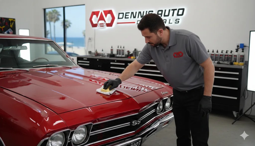 Professional automotive detailer applying ceramic coating to a pristine 1960s classic muscle car