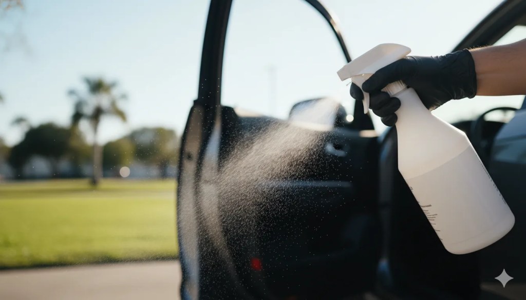 Professional detailer applying enzymatic pre-treatment to car carpet stain before hot water extraction