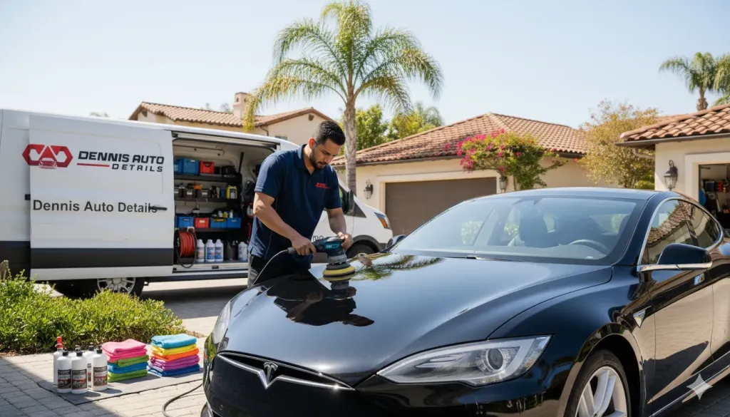 Professional mobile detailing technician performing paint correction on luxury vehicle in San Diego