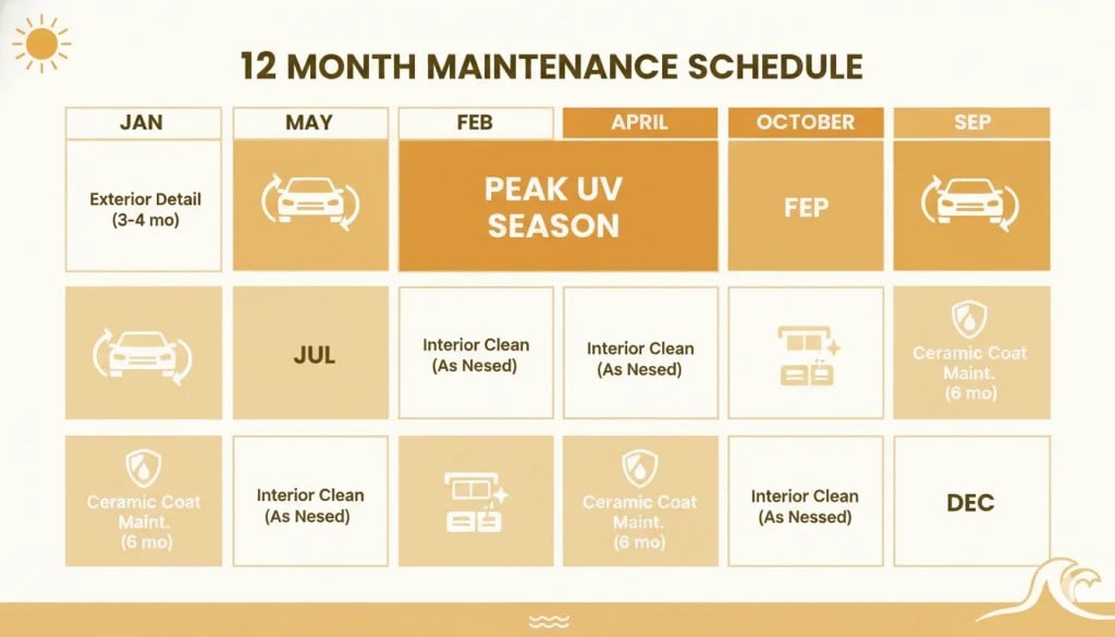 Recommended auto detailing schedule for San Diego vehicles showing seasonal UV exposure and service frequency