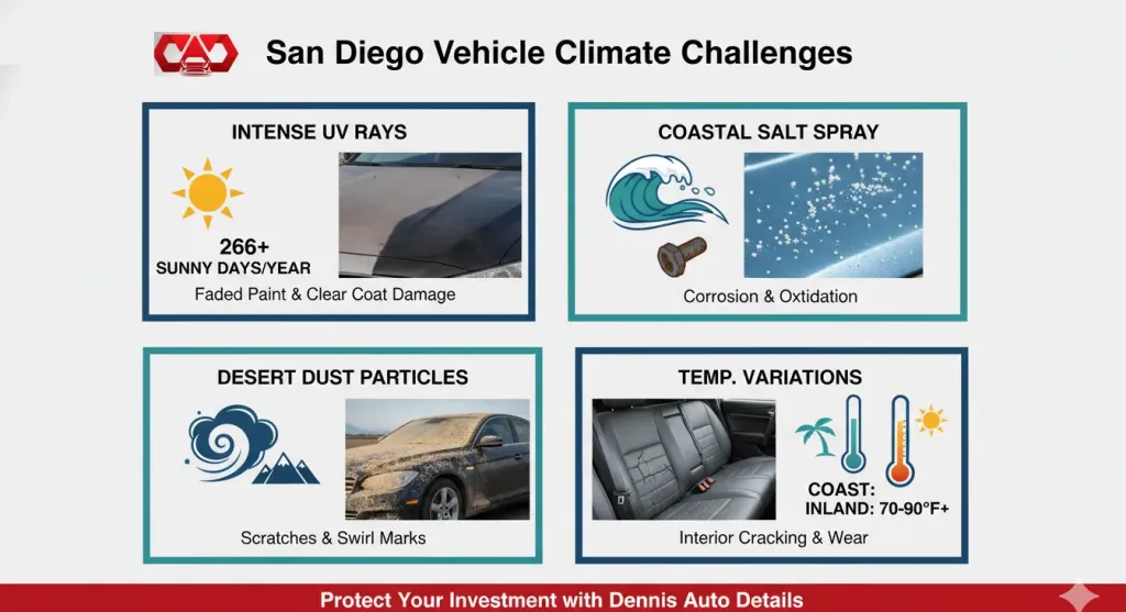 San Diego climate factors that affect vehicle care: UV exposure, salt air, dust, and temperature variations