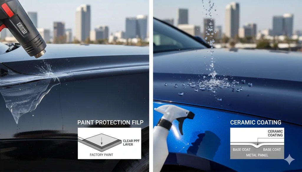 Side-by-side comparison of paint protection film and ceramic coating on luxury vehicles showing protection benefits