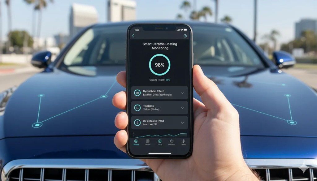 Smart ceramic coating monitoring app showing real-time performance data and maintenance scheduling