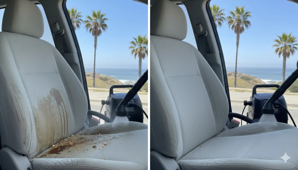 Split screen showing dramatic before and after car seat stain removal
