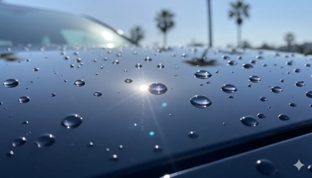 Water beading on a ceramic-coated vehicle in Pacific Beach San Diego — Dennis Auto Details ceramic coating protection