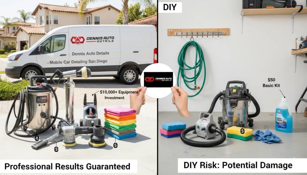 comparison image showcasing Dennis Auto Details' commercial-grade equipment on one side versus typical DIY tools on the other
