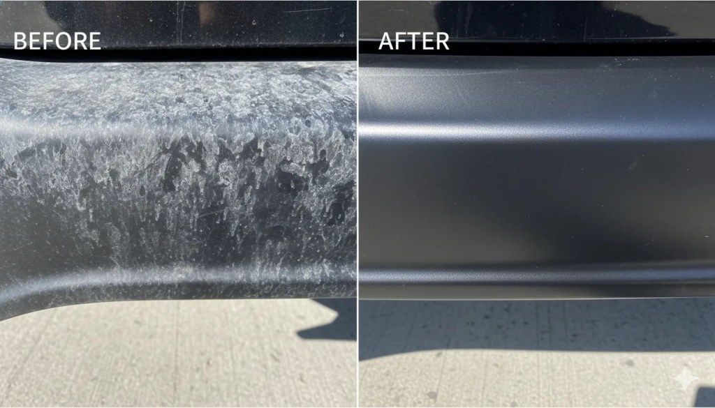 Horizontal split-frame comparison of a car's rear bumper trim.