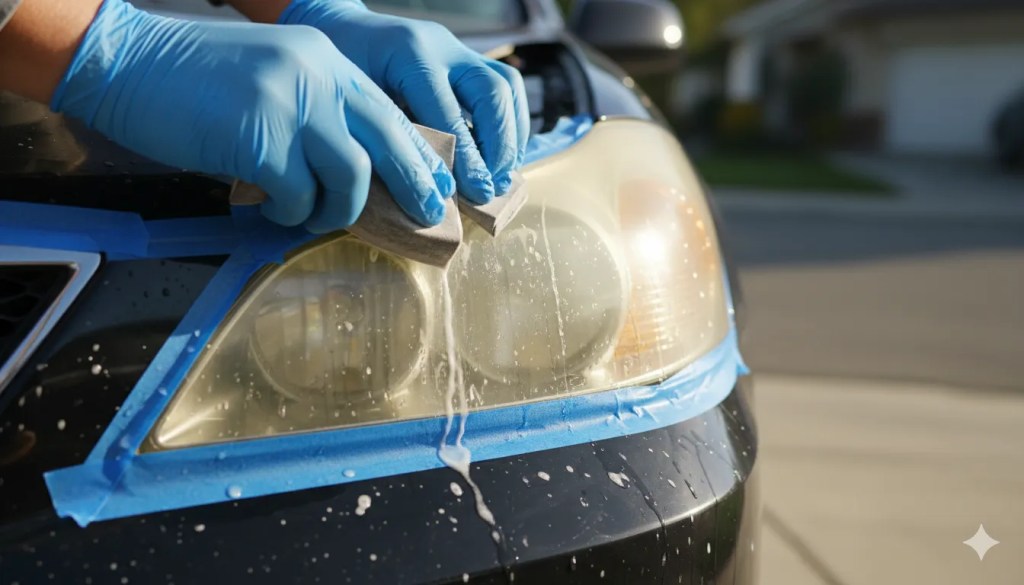 Professional detailer wearing blue nitrile gloves carefully wet sanding a yellowed headlight lens with fine-grit sandpaper. (2)