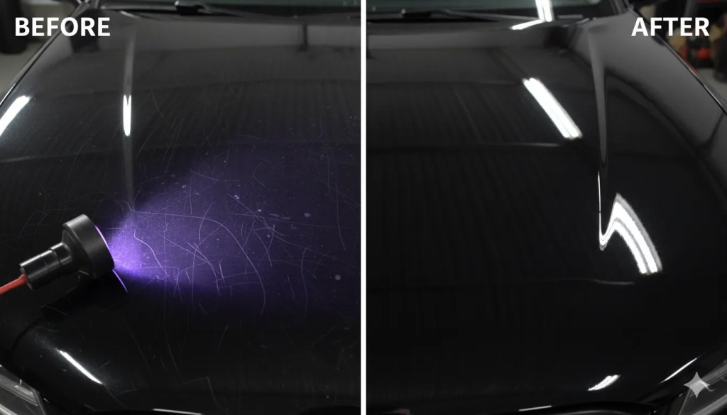 Split-frame comparison of a car hood — left side showing faded, oxidized paint with swirl marks under UV light