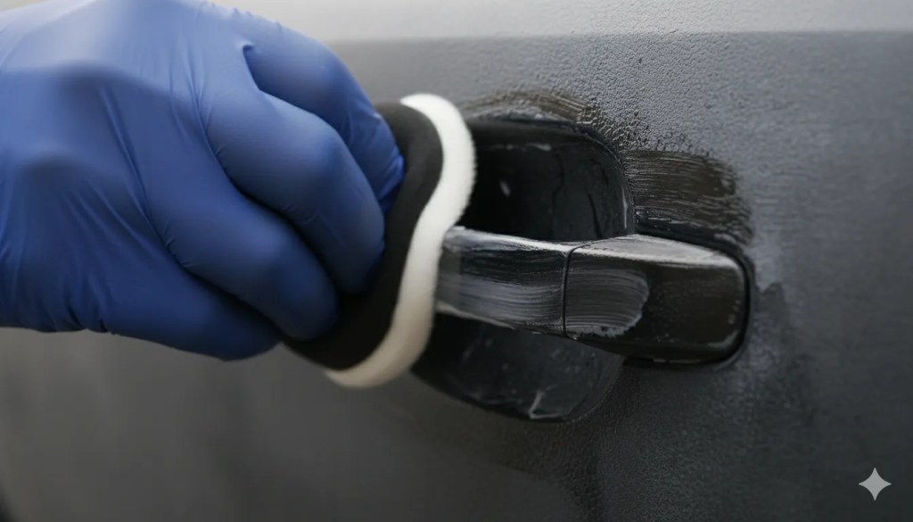 Tight shot of a detailer's gloved hand using a foam applicator block to work a dark, glossy trim restoration compound into the textured black plastic surface of a door molding