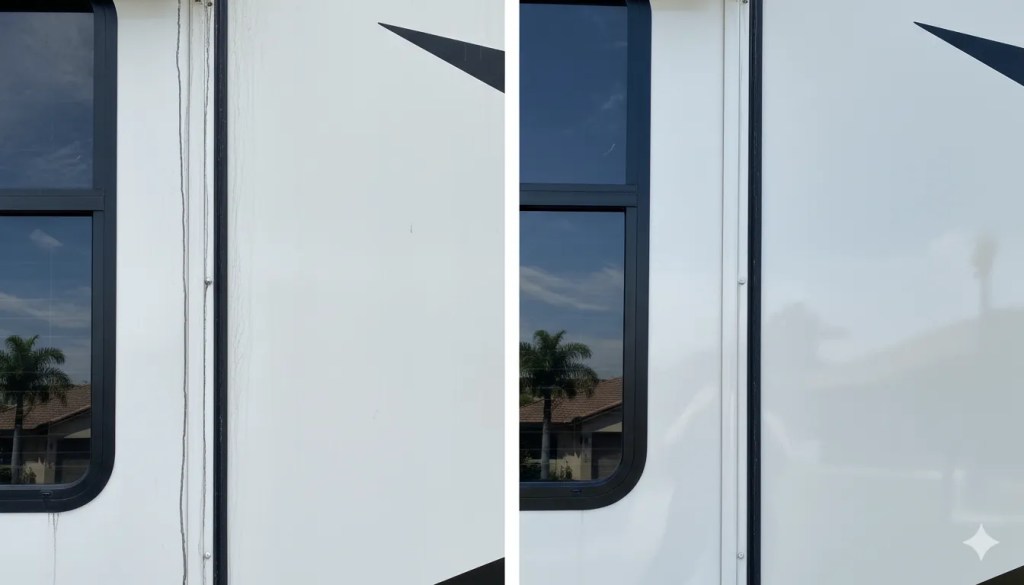 chalky white fiberglass RV side panel with visible fading and water streaks