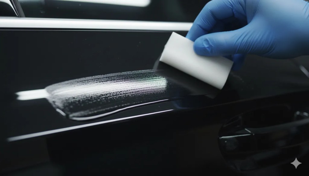 close-up of a certified installer applying ceramic coating to a car door panel