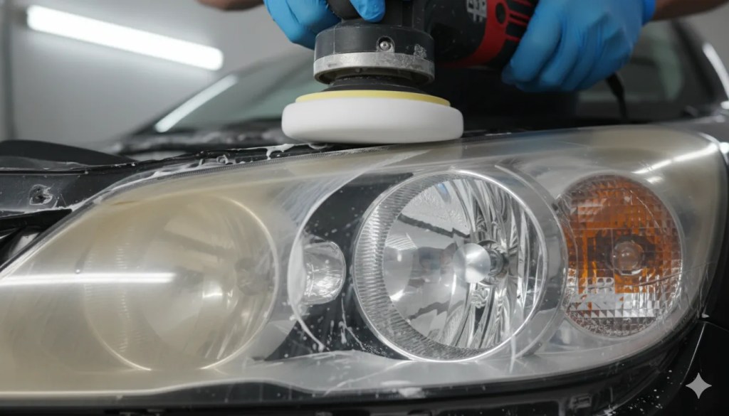 dual-action polisher with a white foam pad being used to polish a headlight lens to clarity