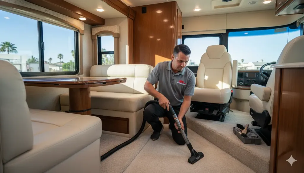 professional detailer vacuuming the interior cab and living area of a motorhome