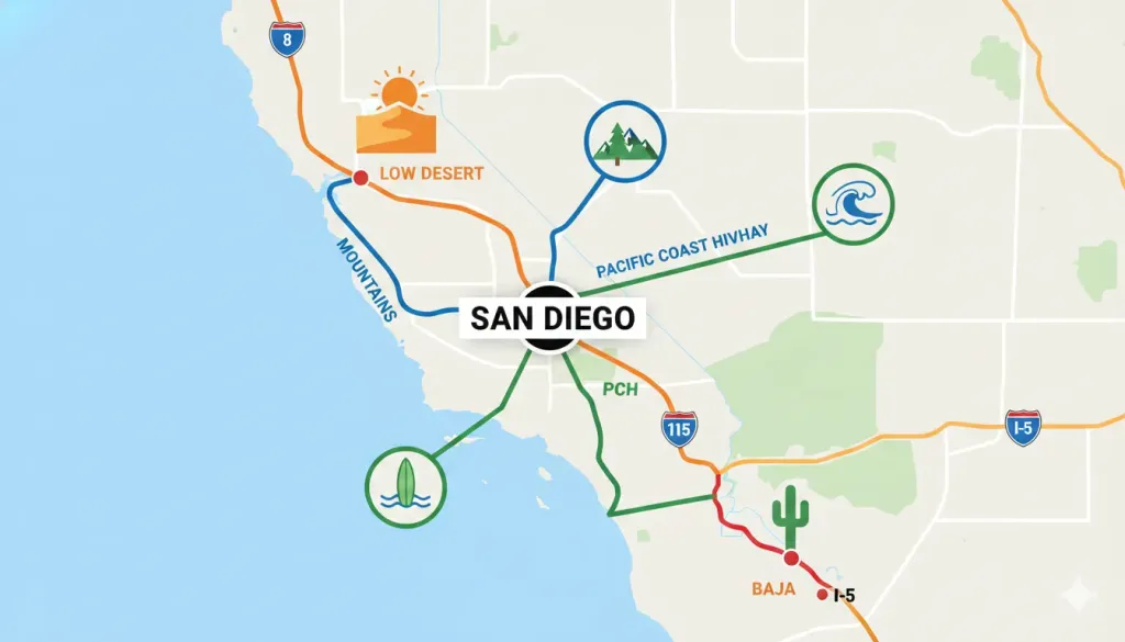 A bird's-eye view map illustration of Southern California showing San Diego at the center