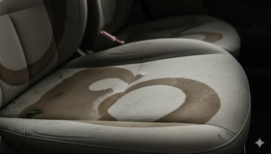 A dramatic close-up of a car seat with obvious water damage