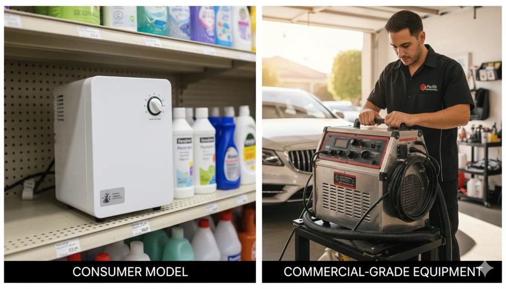  a cheap consumer ozone generator sitting on a drugstore shelf with a generic look; on the right, a professional mobile detailer operating commercial-grade equipment