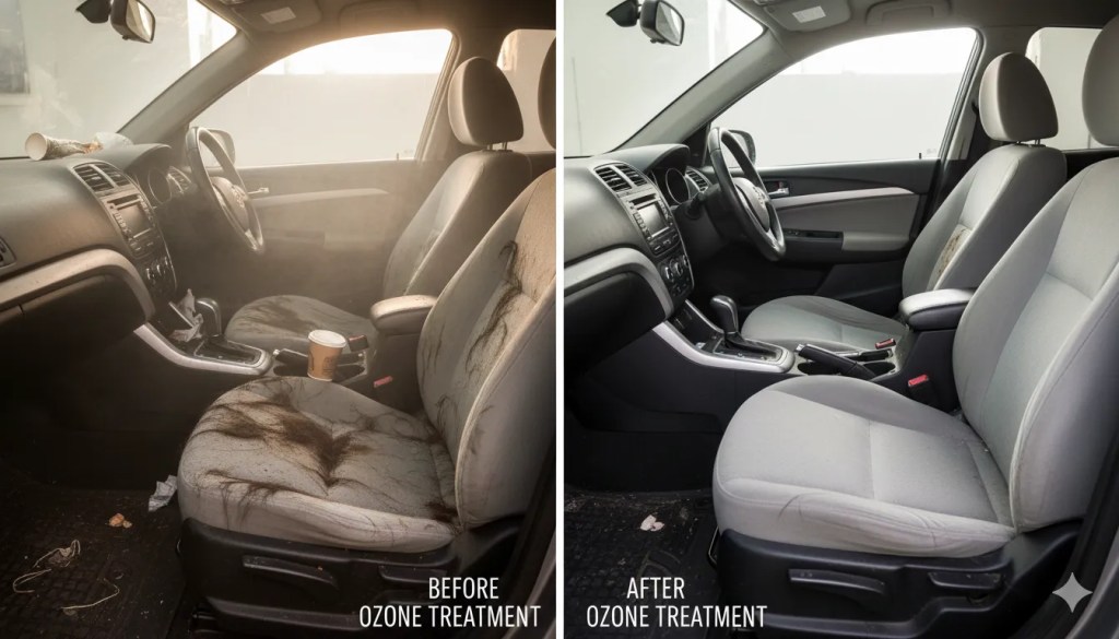  split-image showing two car interiors side by side: left side shows a visibly stained, pet-hair-covered, odor-affected interior