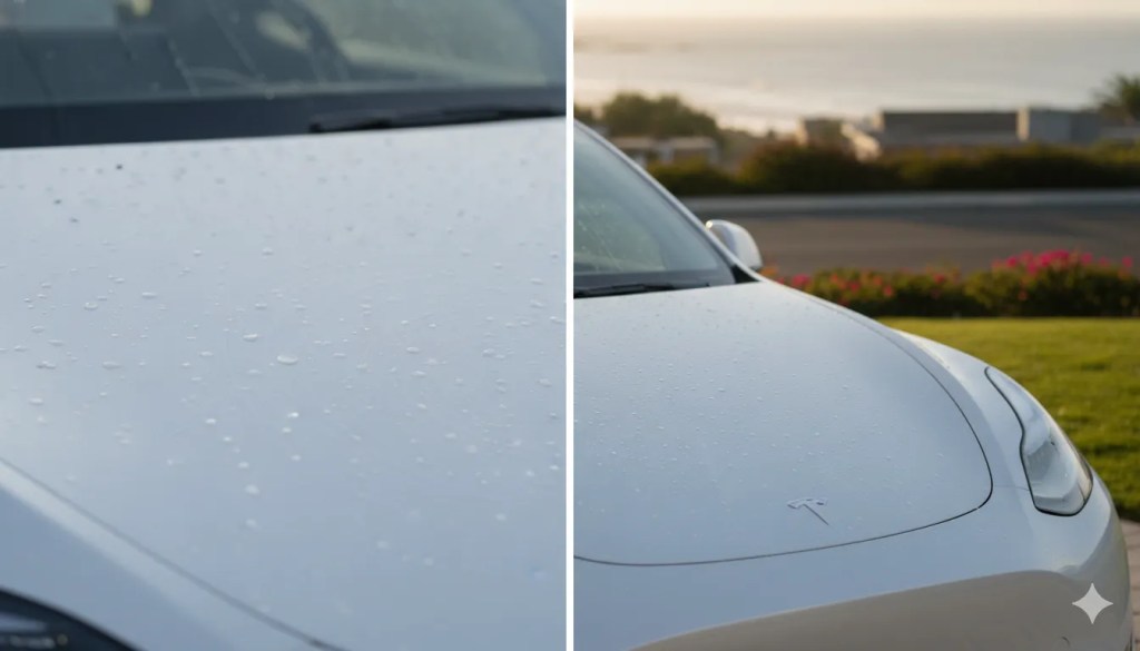 Before and after ceramic coating on Tesla paint showing swirl mark removal and gloss improvement